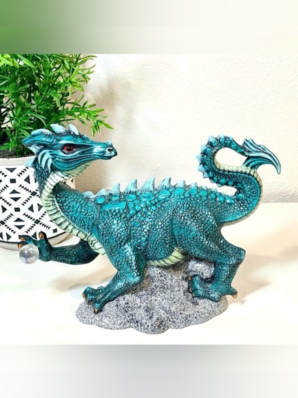 EUC Hand Painted Teal Dragon Holding Crystal Ball Ceramic Figurine Fantasy Art